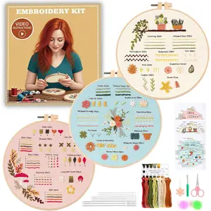 Beginner Embroidery Kit for Adults, 3 Pack Cross Stitch Kits with Pre-Printed Patterns, Threads, Needles, Learn Stitches with 7.8" Hoop, Video Tutorial, DIY Needlework Craft Gift for Women