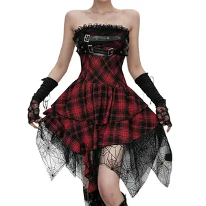 Grunge A Line Mini Dress for Women - Red Strapless Asymmetrical Plaid with Backless Ruffled Double Sheer Buckle, Goth Punk Dress for Club Vacation