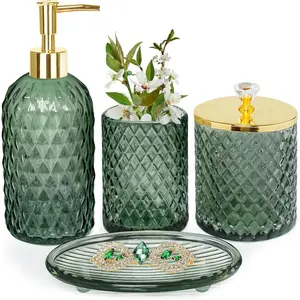 4Pcs Sage Green Glass Bathroom Accessories Set Complete with Lotion Soap Dispenser Toothbrush Holder Qtip Holder Soap Dish Gold Bathroom Decor Gift for Home Apartment