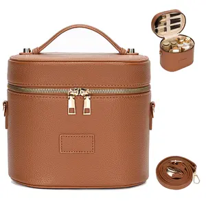 Leather Vanity Case Makeup Bag with Removable Divider, Washable Compartments, Dual Zipper & Carry Handle – Travel Toiletry Organizer for Women