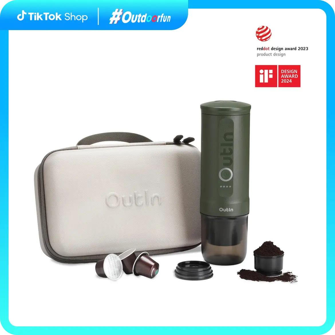 OutIn Nano Portable Coffee Maker Gift Set - Compact Cylinder Coffeemachine, Travel & Personal Model, 3-4 Min Self-Heating, NS Capsule & Ground Coffee Compatible, Camping Use, Travel Coffee Machine