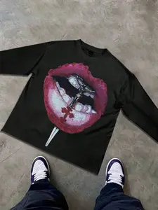 Men's Slim Fit Long Sleeve Crewneck Graphic T-Shirt, Lip Stud Pattern, Style, Casual Daily Wear, Unisex, All Seasons, Street Fashion, Streetwear