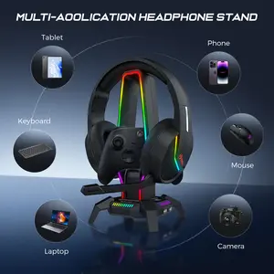 USB 2.0 Hub & Headset Stand Combo - 10 RGB Lighting Modes, 3 USB Ports + Type-C Charging + 3.5mm Audio Jack, 480Mbps Speed, 323g Lightweight, for PC/Console Gamers/Desktop Organization Enthusiasts