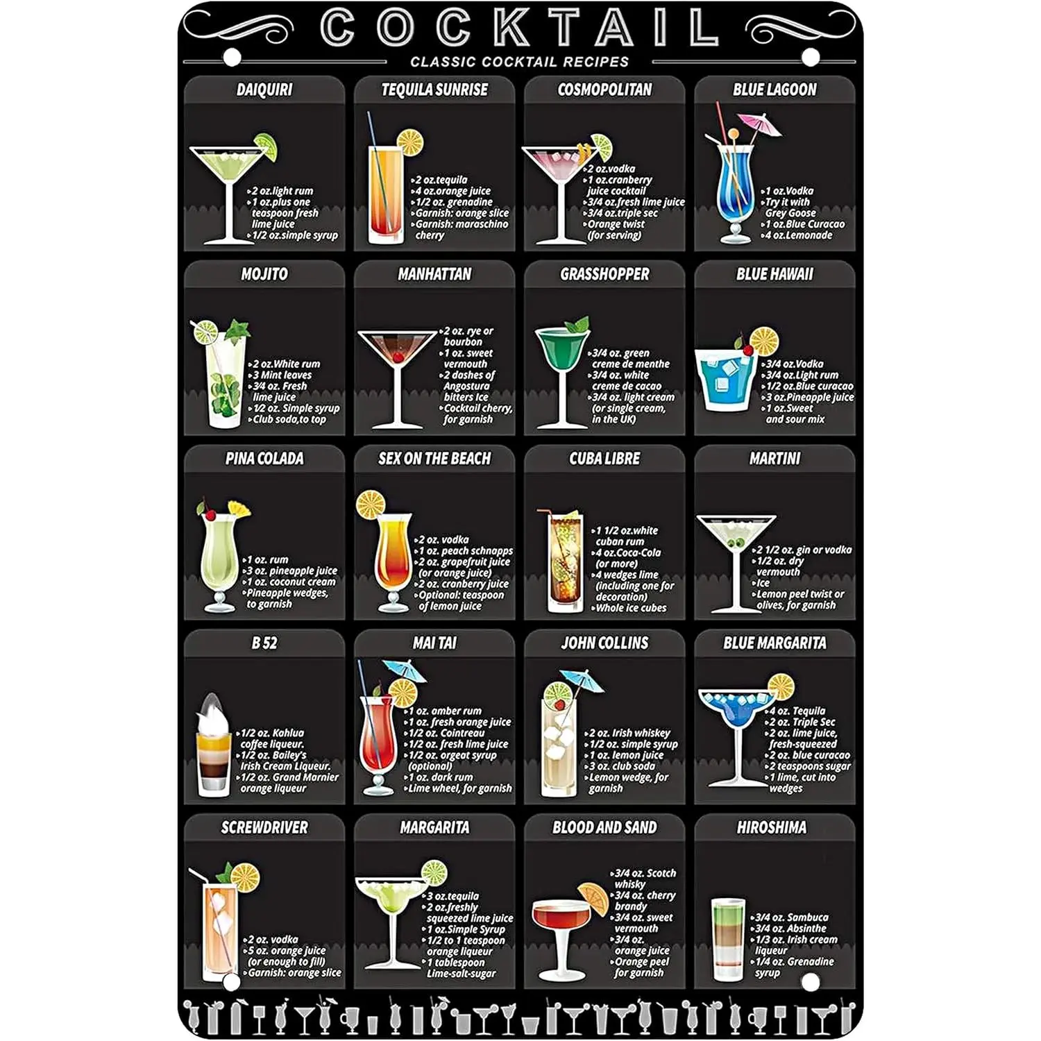 Cocktail Menu Retro Vintage Bar Metal Tin Sign Poster Ptyle Wall Art Pub Bar Decor 12x8 inches fashion 2025 Winter Landscape Canvas Artistic, Vintage Room Decor, Aesthetic Wall Decor
