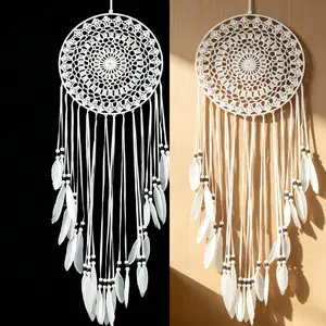 2PCS Dream Catcher with Feathers, White Dream Catcher Indians Traditional Net Wall Hanging Bedroom Home Car Decor
