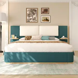Queen Size Platform Bed with Headbaord Upholstered Bed Frame with Anti-Collision Soft Rounded Corners, Stable and Solid, No Box Spring Needed, Easy Assembly, Green