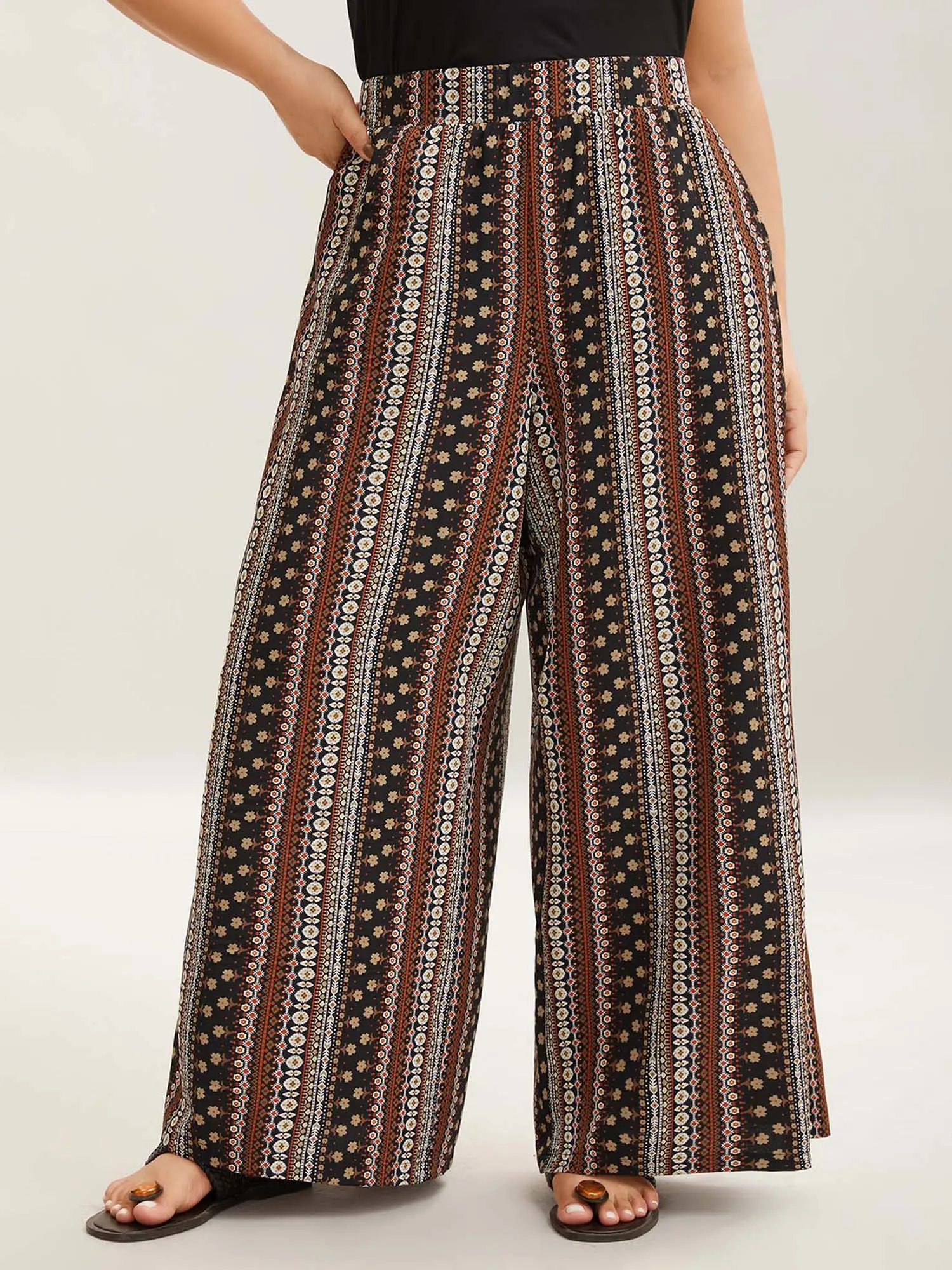 BLOOMCHIC Women's Curvy Boho Geometric Print Wide-Leg Baggy Pants - Plus Size Ethnic Style Summer Bottoms, Lightweight Woven Spandex Fabric, Pockets, Brown Coffee, M-6X Vacation Outfits, Plus Size Clothes, Plus Size Fashion, Pants For Women