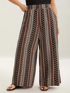 【Summer Turn-Up】【Wide Leg】BlOOMCHIC plus size Boho Geometric Pattern Wide-Leg Pants - Comfortable Fit, Versatile Style Print Bottom Bohemian Loose Pocket Summer Trouser Browncoffeecolor Ethnic Women [M-6X] 2026 Summer Pick for Mother's Day