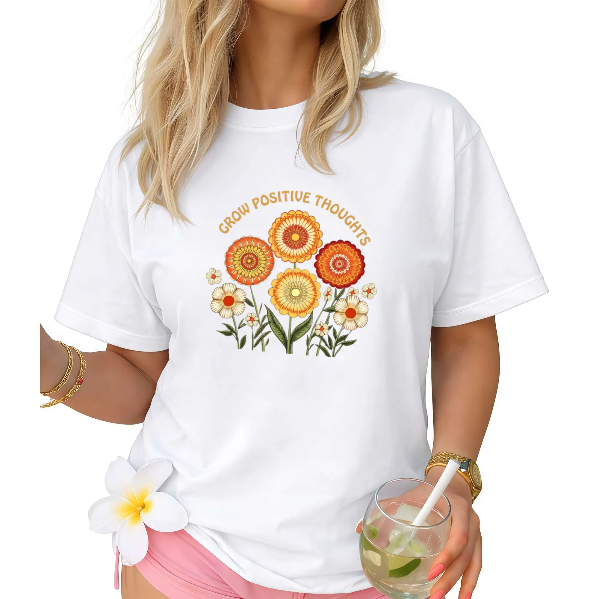 Women's White Positive Affirmation T-Shirt with Vibrant Floral Print & Grow Positive Thoughts Slogan - Soft Breathable 100% Casual Round Neck Short Sleeve Tee