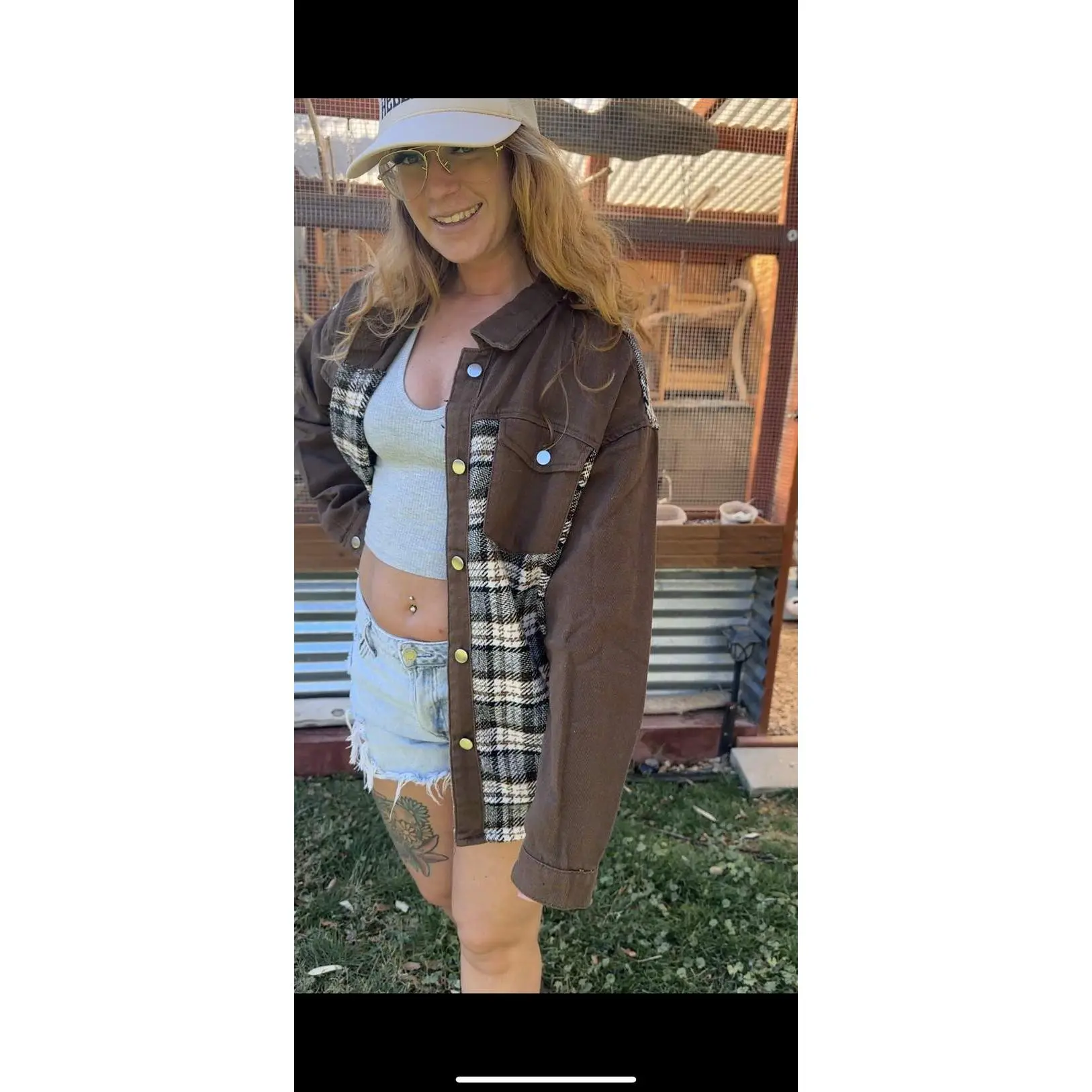 Brown Plaid Patchwork Denim Jacket