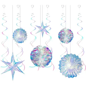 12 Pcs Iridescent Party Decoration,Hanging Honeycomb,Decorative Iridescent Foil Fan,Shiny Star, Hanging Rainbow Swirl for Wedding,Christmas,Shower Frozen,Mermaid Themed Birthday Party Supplies