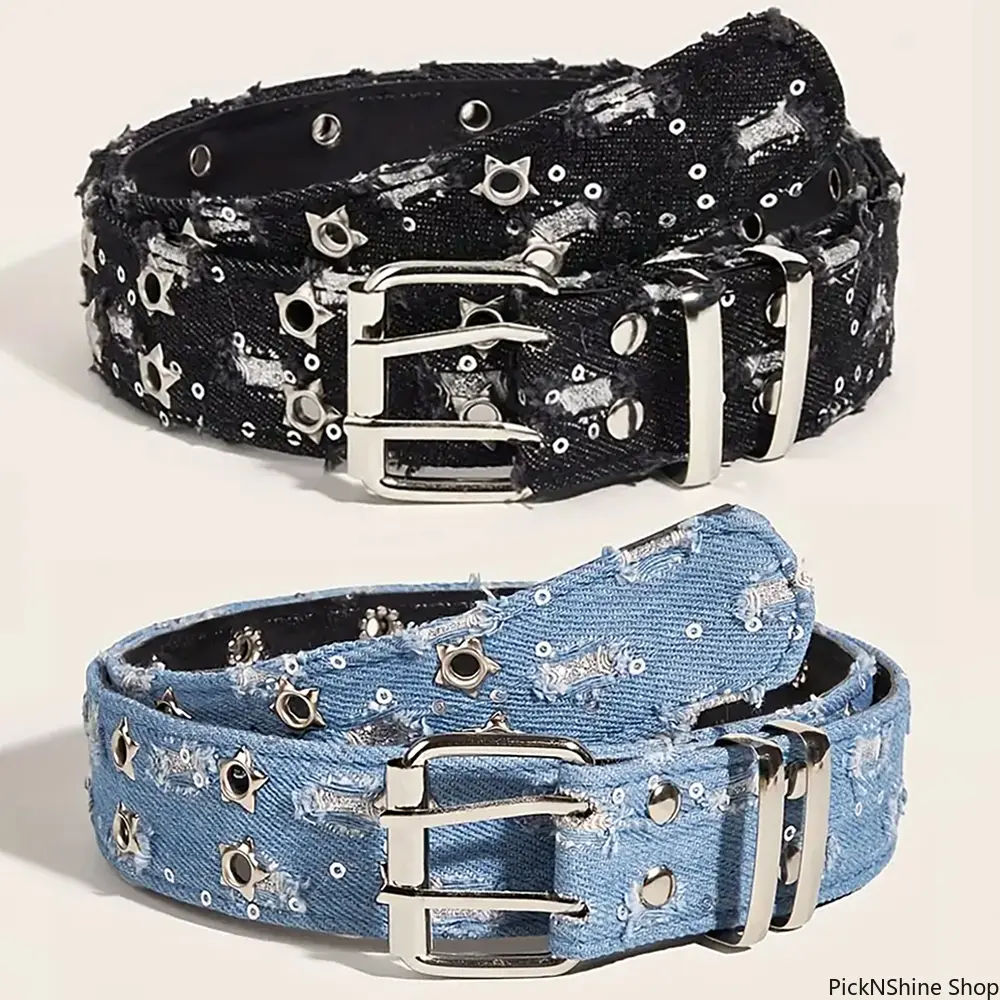 1Pc Y2K Star Hollowed Waist Belt, Blue Denim Girdle with Punk Pin Buckle, Luxury Fashion HipHop Accessories for Men and Women