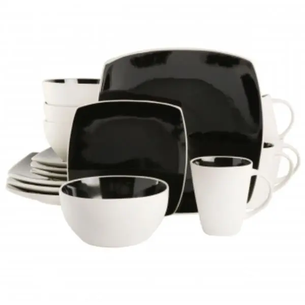 Gibson Elite 131784.16R Glossy Soho Lounge 16-Piece Dinnerware Set, Black & White Tableware Set