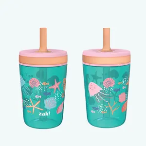 Zak Designs Kelso Kids Leakproof Straw Cup with Silicone Spout and Screw-On Lid - Reusable Plastic Drinkware, 15 Ounces, 2 Pack BPA Free Water Bottles