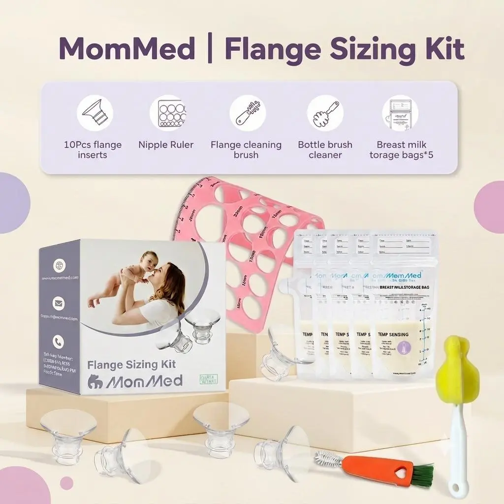 MomMed 5-in-1 Flange Sizing Kit for 24mm Breast Pumps - Breastfeeding Accessories with Universal Compatibility, 10 Pieces Total, 2 Size Sets for More Fits, 14mm Inserts, Ruler, 1 Firm Bottle Cleaning Brush, 2-in-1 Flange Brush, 5 Storage Bags