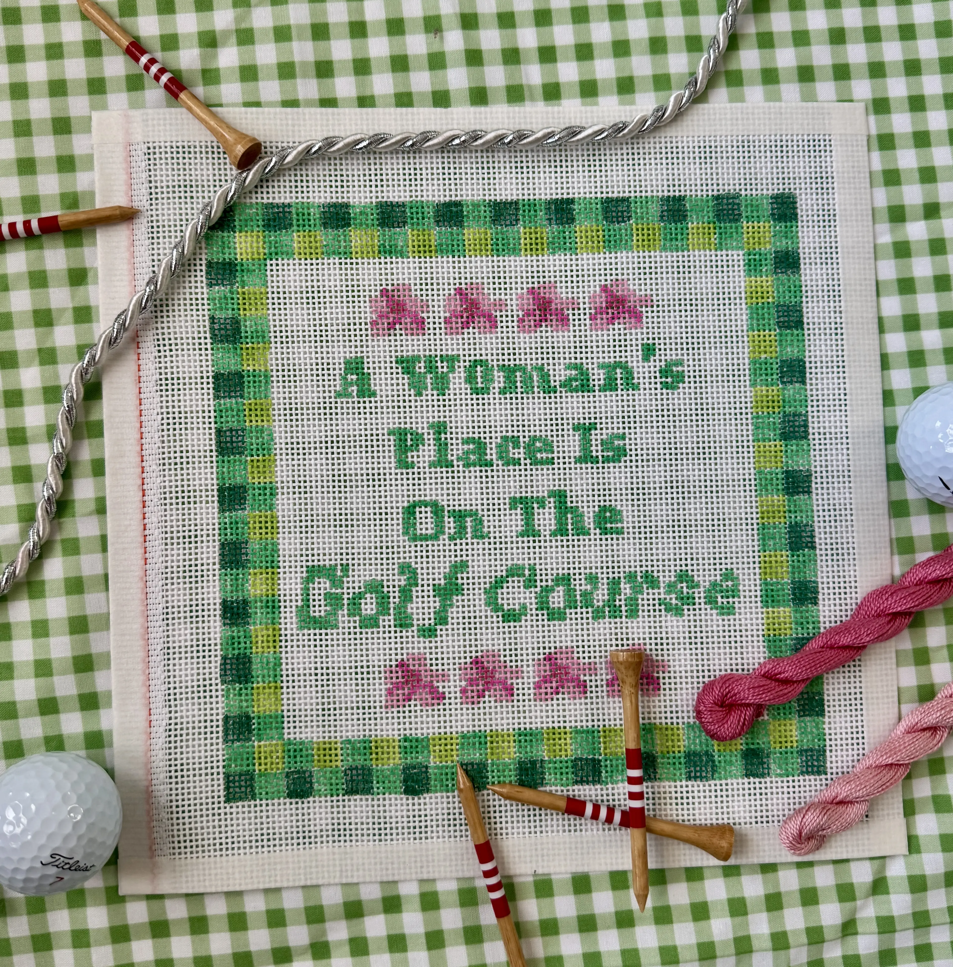 Golf Needlepoint - Women's Golf Canvas with Gingham + Azaleas | Hand-Painted | Masters