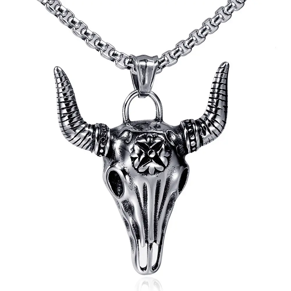 Halloween Bull Skull Pendant Chain Necklace, Gothic Biker Punk Costume Jewelry Necklace with Heavy Metal Aesthetic