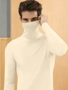 Men's Solid Turtle Neck Long Sleeve Tee, Casual Comfy Warm Tight Sleeve T-shirt for Spring, Men's Top for Daily Wear, Knit, Knitwear