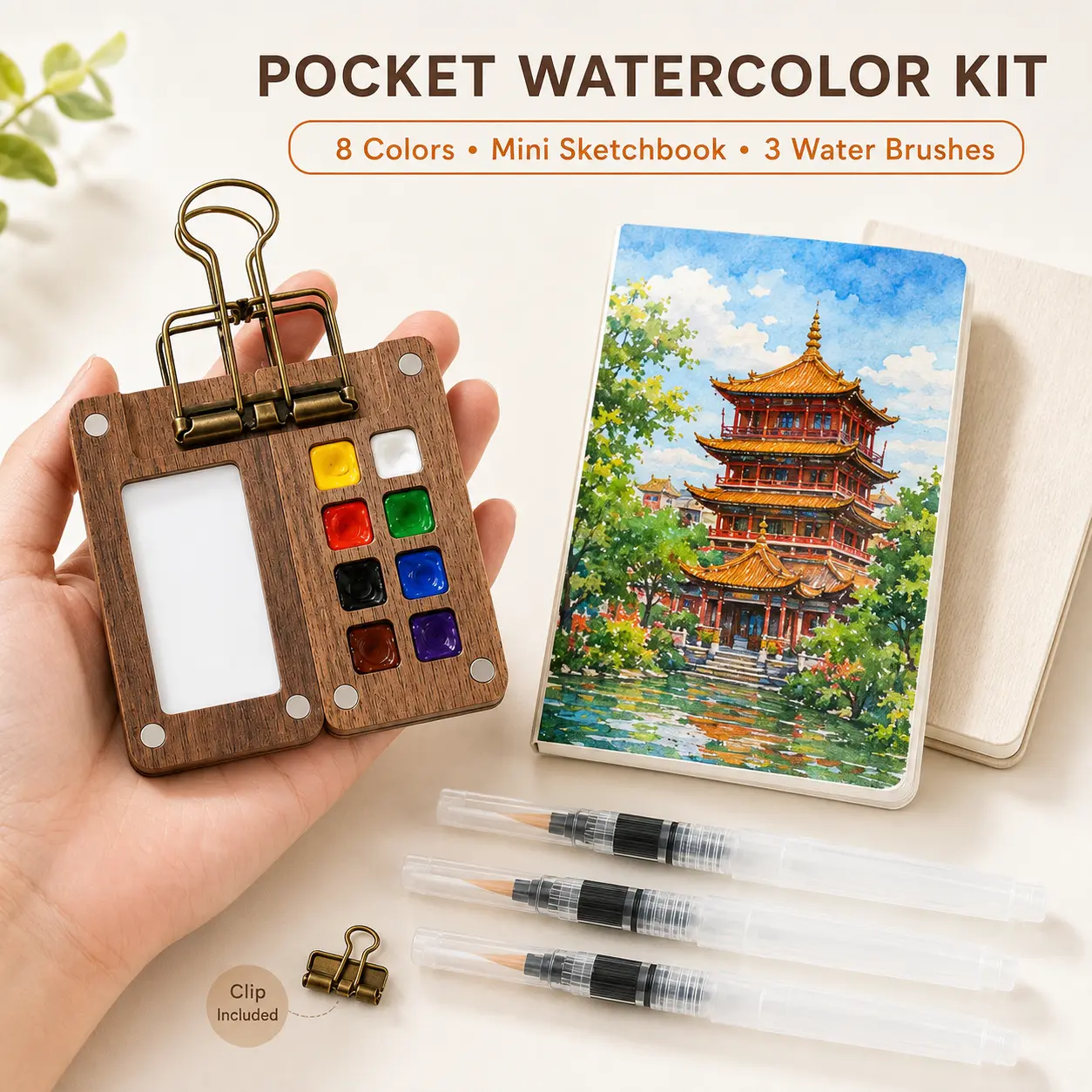 Walnut Wood Mini Watercolor Palette Kit, 8-Well Portable Painting Set with Sketchbook, Clip and 3 Water Brush Pens for Travel and Urban Sketching, No Paint Included