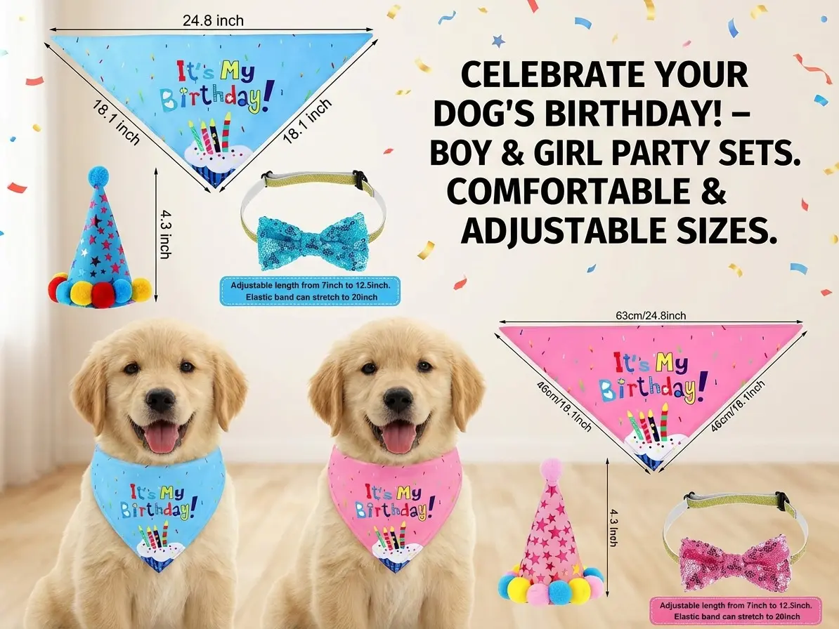 8PCS Dog Birthday Party Supplies Set - Blue & Pink Hat, Bowtie, Bandana, Banner, Balloon, Age Number, Polyester Fiber Plush Cat Tunnel Toy, Strawberry Shortcake Bat Dragon Plush Toy for Golden Doodle (Machine Washable, Ideal for Family Gatherings)