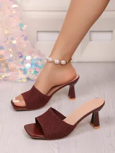 Women's Wine High Heel Sandals, Fine Toe Knitted Mesh Slippers, Fashionable Party Versatile Slip-On Shoes