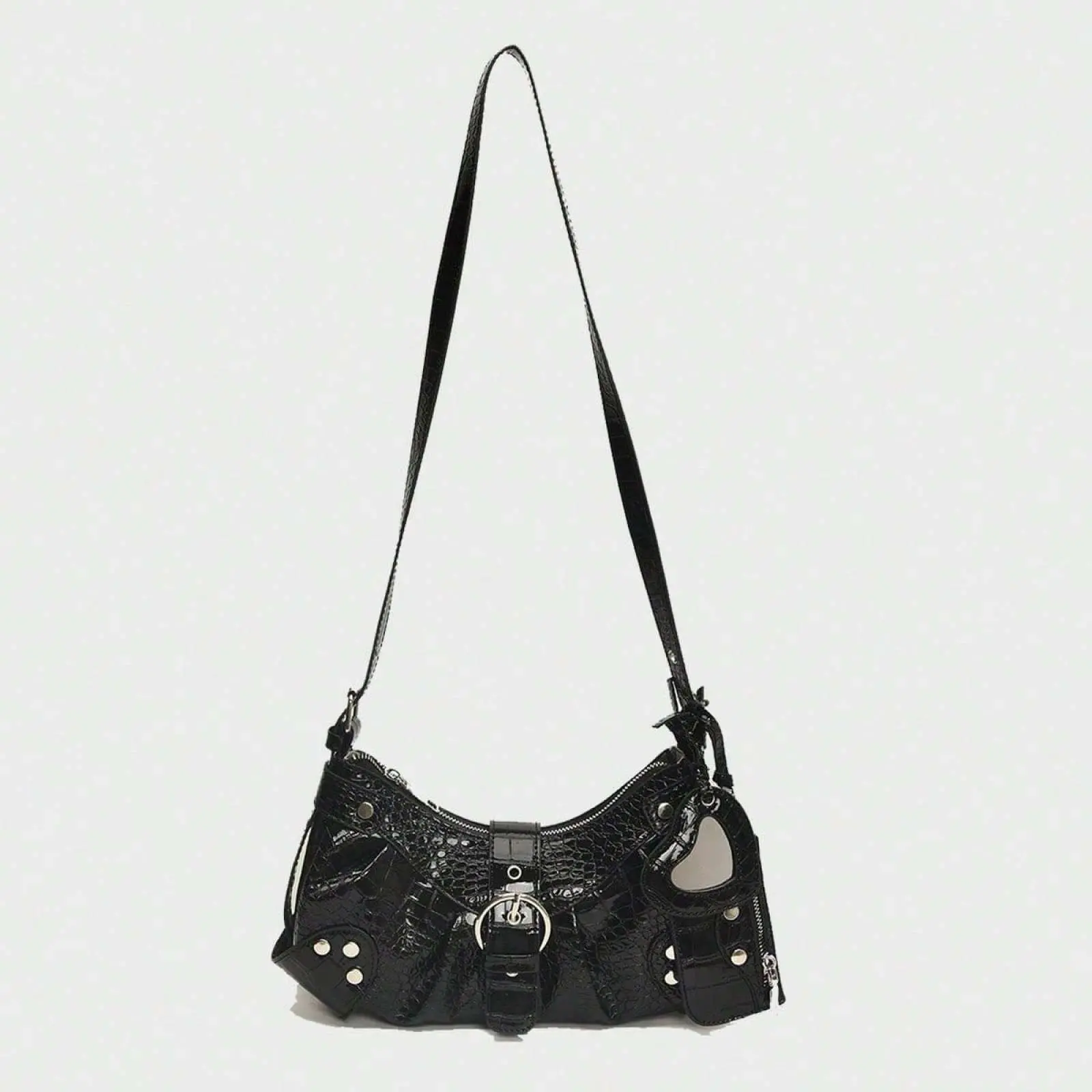 Retro Studded Shoulder Bag for Women, Fashion Bucket Bag Rivet Motorcycle Bag with Coin Purse, Three-Piece Wide Shoulder Strap Crossbody Bag