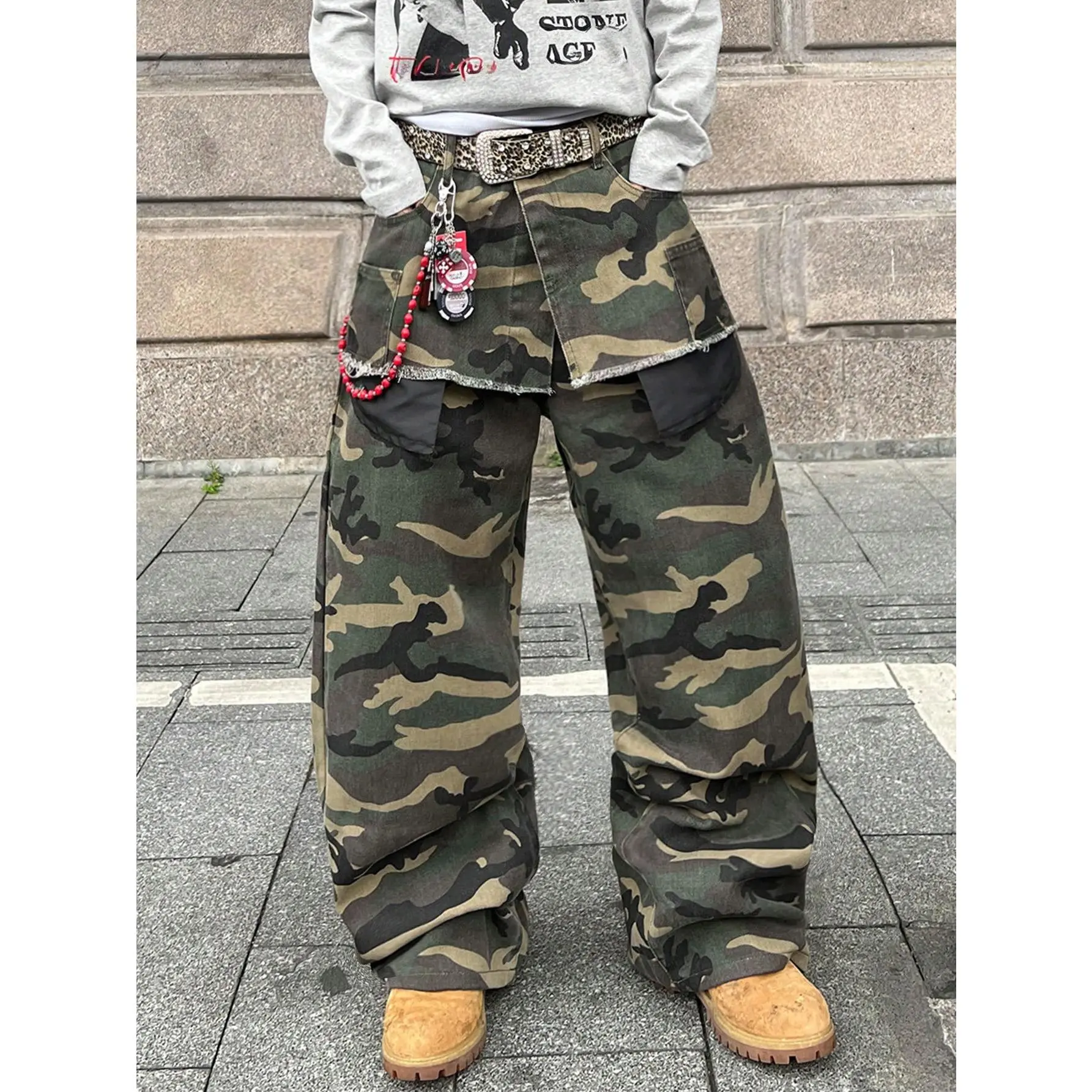 Streetwear Fashion Camouflage Niche Design Double Waistband Pocket Loose Wide-Leg Jeans