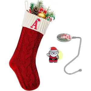 18 Inches Knitted Christmas Stockings with Initials Personalized Embroidered Monogram Red White Letter A for Kids Family Fireplace Xmas Holiday Party Decoration