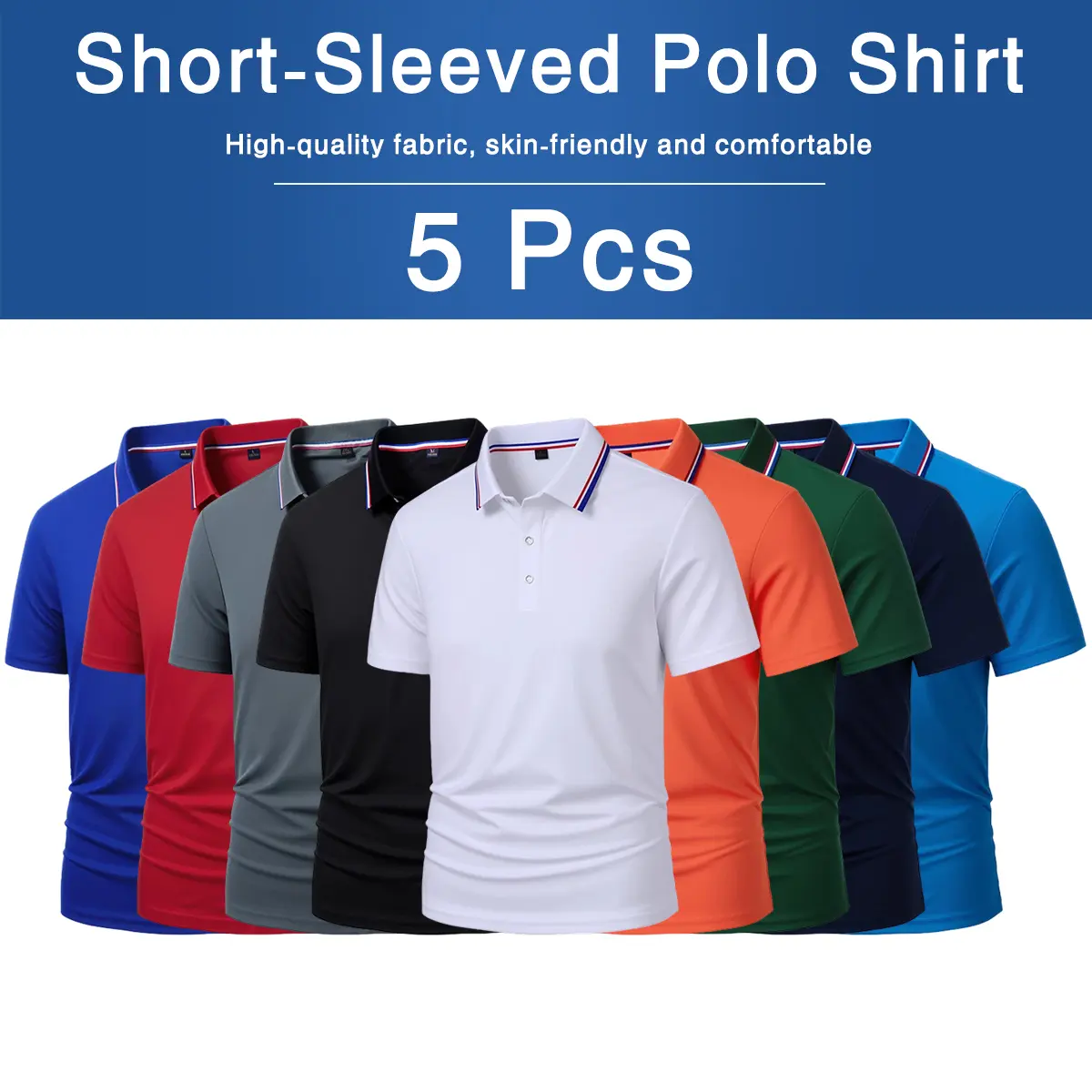 Men's 5-Pack Dry Fit Polo Shirts - Men's Wear, Athletic Wear, Dry Fit Fabric, Button-Front Medium Length Short Sleeve, Golf Sports Performance Top with Comfort & Easy Movement, Cold Machine Wash, Slim Fitted