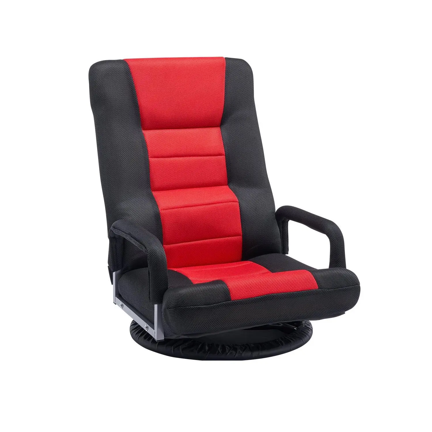 VEVOR Foldable Swivel Floor Gaming Chair with Armrests - 360-Degree Rotating, 6-Position Reclining Backrest, Lumbar Support, High-Density Foam Floor Seating for Reading, Office Use, Low Profile Red Black Recline & Rotate Chair