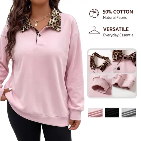 Women's autumn/winter color-block leopard-print collared polo sweatshirt, made of cotton, loose casual pullover top, comfortable and versatile athletic shirt