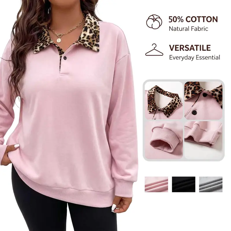 Women's autumn/winter color-block leopard-print collared polo sweatshirt, made of cotton, loose casual pullover top, comfortable and versatile athletic shirt