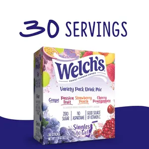 Welch's Mixed Sugar-Free Beverage Powdered Drink Mix Variety Pack, Watertok Style, 4 Flavors (Grape, Passion Fruit, Strawberry Peach, Cherry Pomegranate) - 1 Box (30 Servings)