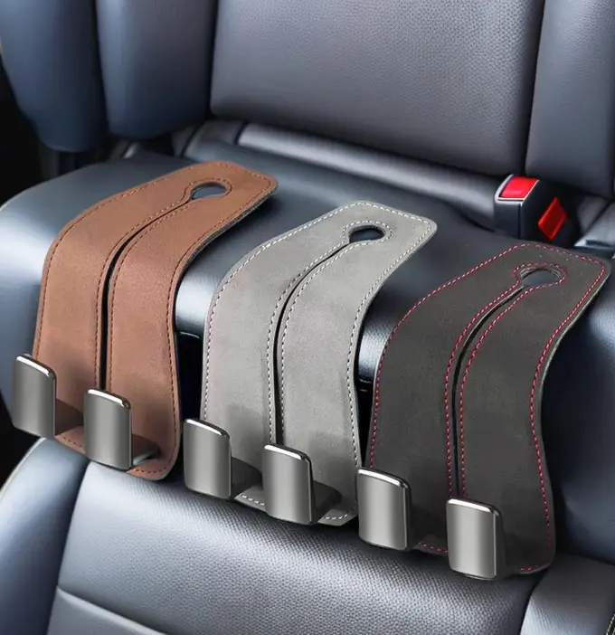 Suede leather car-mounted hidden double hook interior modification supplies super load-bearing main and passenger rear universal seats foldable small object storage artifact