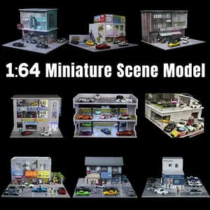 Diorama 1/64 Scale Japanese Style Commercial Building Scene Model LED Lighting City Street Bakery Shop Parking Lot Repair Workshop for Mini Car Collection Toy Gift Showroom Figures Combo Display