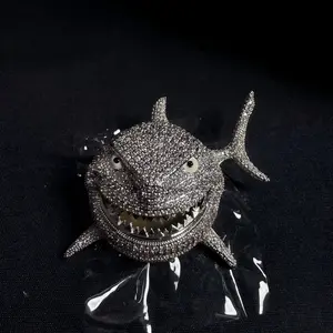 Predator Luxury Iced Out Vicious Shark Pendant Chain Rhodium Plated Stainless Steel Charm with Dense Pavé Setting and High Contrast Elements Symbol Of Power Focal Point customizable with engraved letters, logos or patterns Complimentary shipping