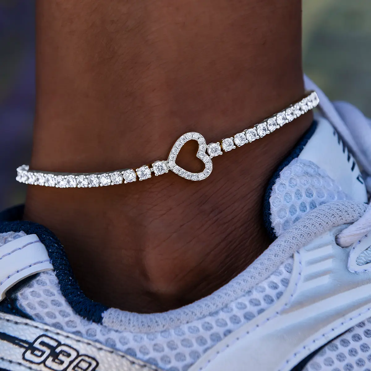 GLD Heart Tennis Anklet in 14k White Gold 3mm Adjustable 8-10 Inch Length Hand-Set Stones Everyday Wear  - Perfect Gift #TikTokShopBackToSchool