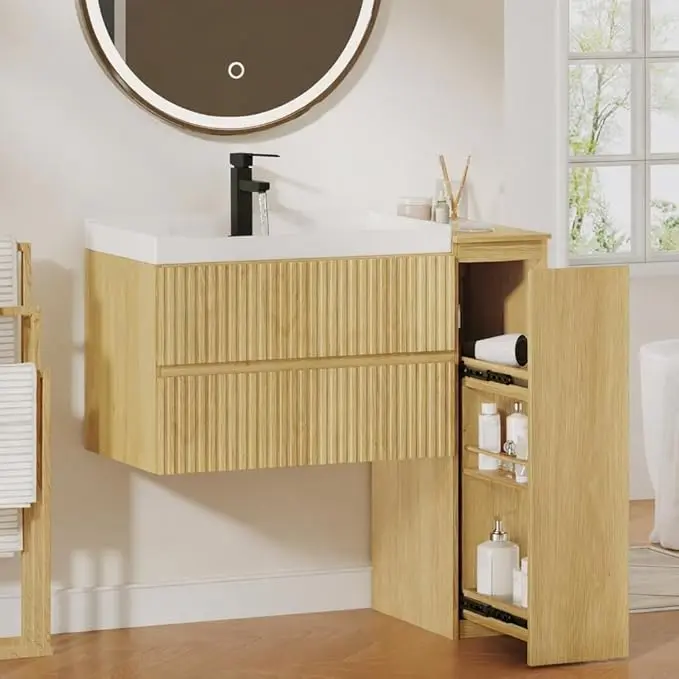 31.5-Inch Modern Waterproof Floating Mount Wall Hanging Vanity - 31.5"l x15.7"w x35"h (0 – 50 Cm Range), Laminated Panels, 23.6" Undermount Ceramic Basin, 2 Soft-Closing Drawers, 3-Tier Pull-Out Shelf, Easy-Wipe Surface, Multi-Compartment Wall Cabinet