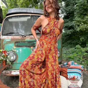 Hippie Bohemian Wide Leg Silk Jumpsuit