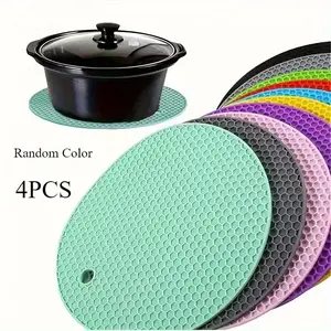 4 Piece Set Round Honeycomb Non-Slip Silicone Mats, Kitchen Utensil Trays and Cup Coasters, Durable and Heat Resistant Silicon Pad, Silicone Placemats
