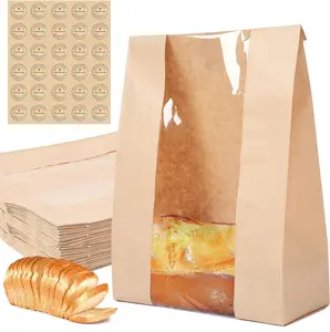 30 pack bread paper bags with window, including 30 homemade bread storage label seal stickers (13.7x8.3x3.5 inches)