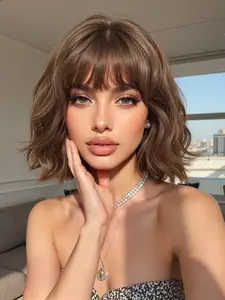 10 Inch Straight Bangs Short Curly Bob Wig, Fashionable Daily Wear Synthetic Hairpiece, Natural Look for Women, Synthetic Material Wigs, Stylist Friendly Wig