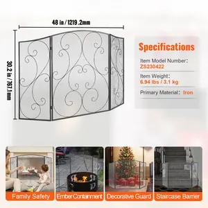 Summervibes VEVOR Fireplace Screen 3 Panel, Sturdy Iron Mesh Fireplace Screen, 48(L)x30.2(H) Spark Guard Cover, No Assembly Required, Free Standing Fireplace Fence Grate for Living Room Home Decor Vintage Blac