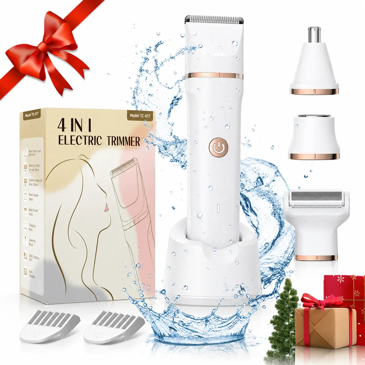 4-in-1 Electric Bikini Trimmer for Women, Gentle IPX7 Waterproof Body Shaver with Replaceable Heads, Facial Hair Remover for Face, Underarm, Body & Bikini Line, Travel Gift for Her