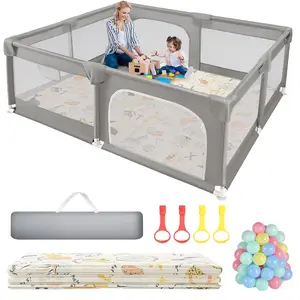 Baby Playpen with Play Mat, Extra Large Playpen for Babies and Toddlers, Baby Fence Play Pen Yard with Safety Gate Fence with 50 Ocean Balls 4 Pull Rings for Kids Indoor Outdoor