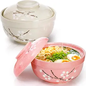 2 Pack Ceramic Ramen Noodle Bowl, 27 OZ Big Ramen Bowl with Lid, Japanese Hand-Painted Ceramic Tableware, Durable Floral Soup Bowl for Noodles, Porridge, Rice, Dishwasher Safe(Pink, Cyan Blue)