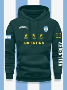 Men's Casual Sporty Hoodie, Argentina World Cup Champion Design, Geometric Print, Light Stretch, Drawstring, Kangaroo Pocket, Fall & Winter