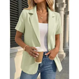 Mina Self 2026 Summer Women's Short Sleeve Blazer Jacket - Stretch, Breathable, Full-Lined, Lightweight, Basic, Fashionable, Cute Pocket, Casual Work Wear, Shortsleeve