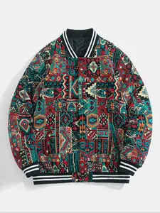 Men's Ethnic Style Plaid Geometric Baseball Jacket Coat, Fall Winter Fashion Outerwear, Casual Long Sleeve Button Front Design, Menswear