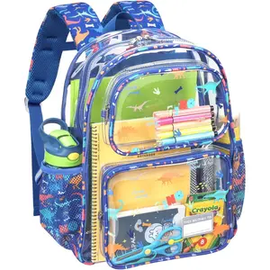 L-CPB022 Clear Backpack for Kids - 15 Inch Clear Bookbag for Boys Aged 3 to 8 Heavy Duty Transparent Backpack for School, Safe Reflective Strip, Cute Print, Blue Dinosaur
